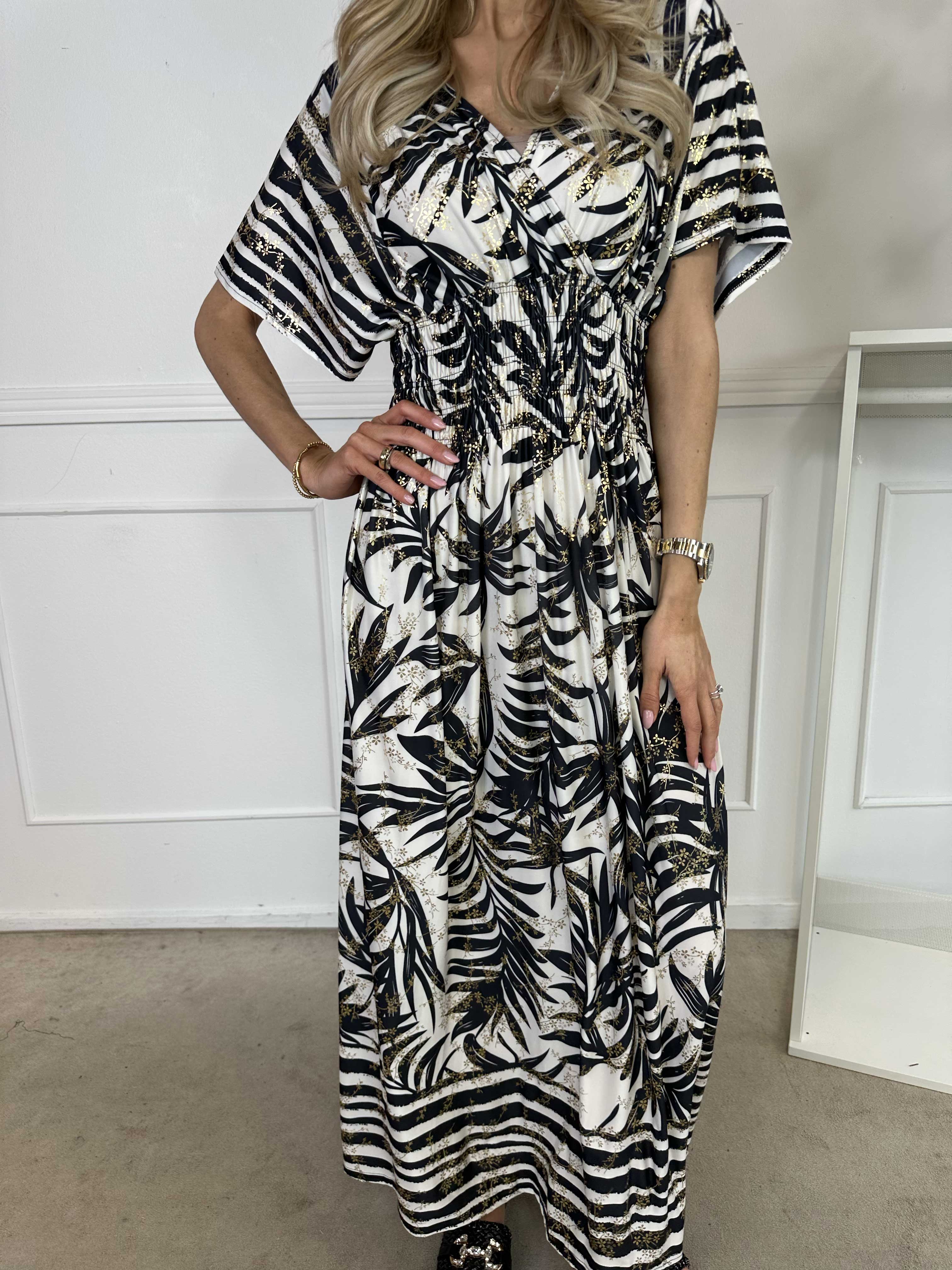 Pams Palm - Lang elastisk kjole med palmeblade og smock i livet